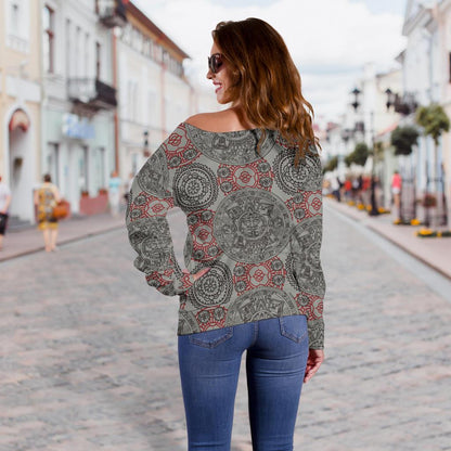 Calendar Aztec Style Print Pattern Off Shoulder Sweatshirt