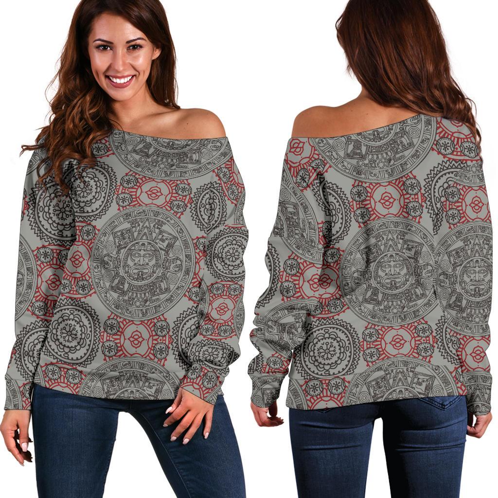 Calendar Aztec Style Print Pattern Off Shoulder Sweatshirt