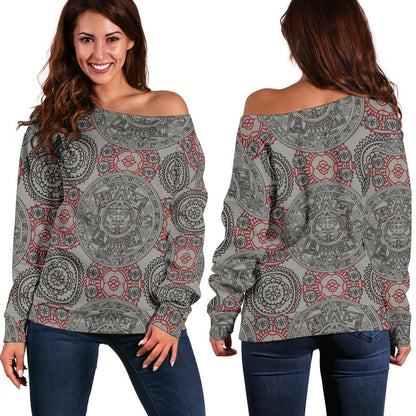Calendar Aztec Style Print Pattern Off Shoulder Sweatshirt