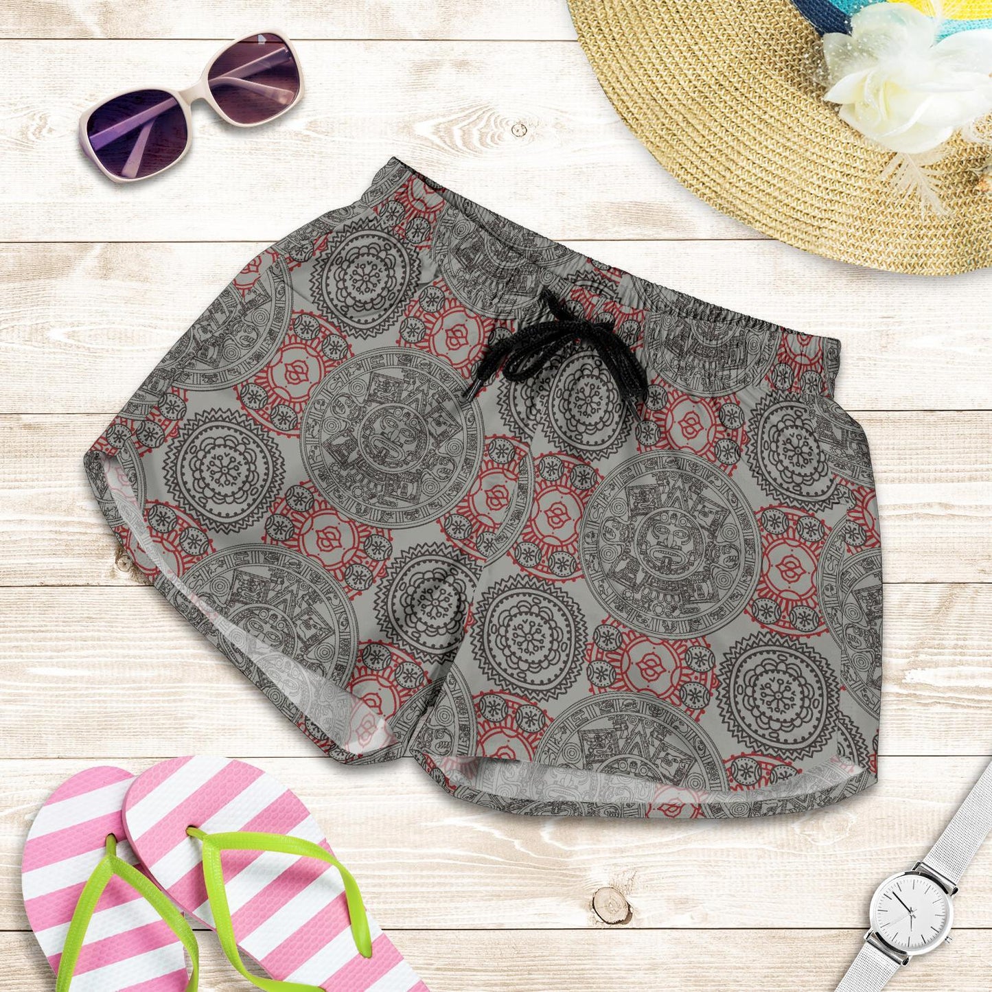 Calendar Aztec Style Print Pattern Women Shorts-JTAMIGO.COM