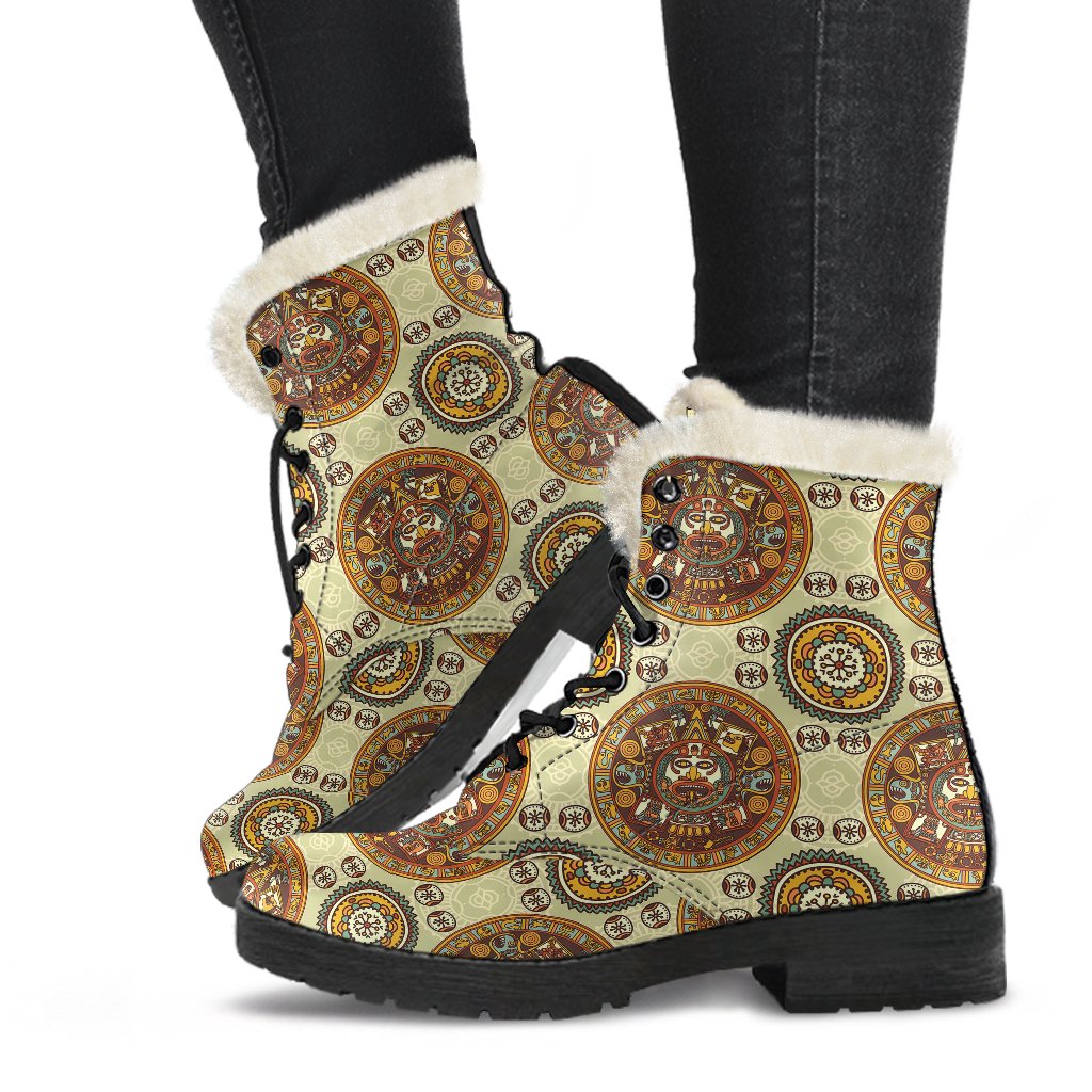 Calendar Aztec Themed Print Pattern Faux Fur Leather Boots-JTAMIGO.COM
