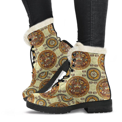 Calendar Aztec Themed Print Pattern Faux Fur Leather Boots-JTAMIGO.COM
