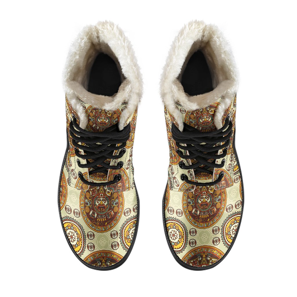 Calendar Aztec Themed Print Pattern Faux Fur Leather Boots-JTAMIGO.COM