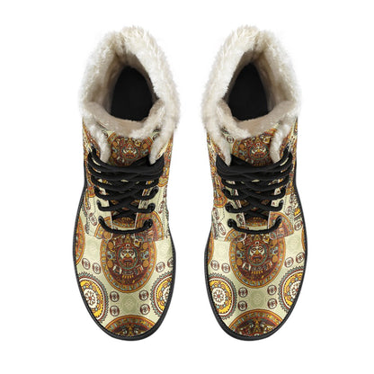 Calendar Aztec Themed Print Pattern Faux Fur Leather Boots-JTAMIGO.COM