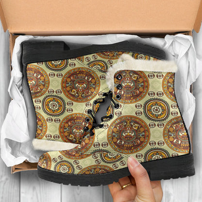 Calendar Aztec Themed Print Pattern Faux Fur Leather Boots-JTAMIGO.COM