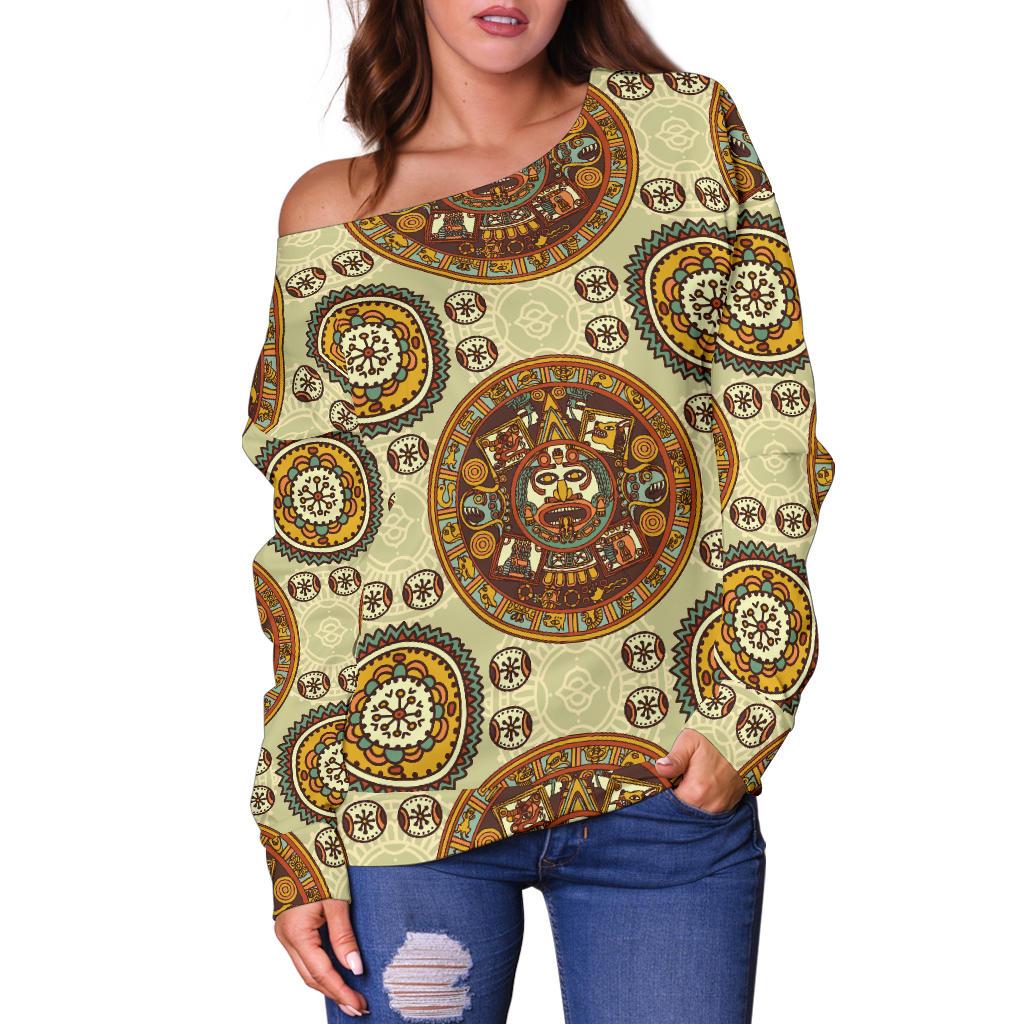 Calendar Aztec Themed Print Pattern Off Shoulder Sweatshirt