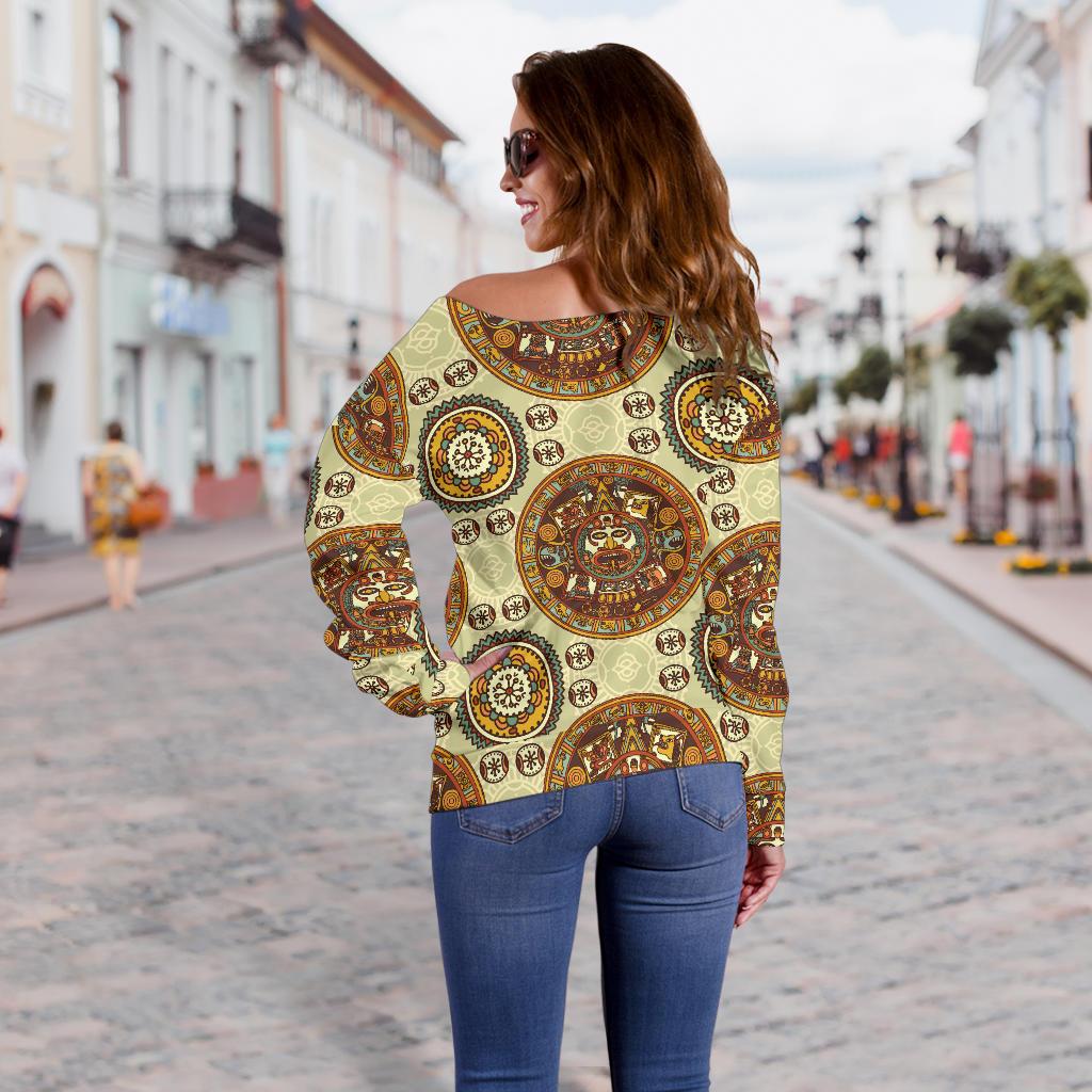 Calendar Aztec Themed Print Pattern Off Shoulder Sweatshirt