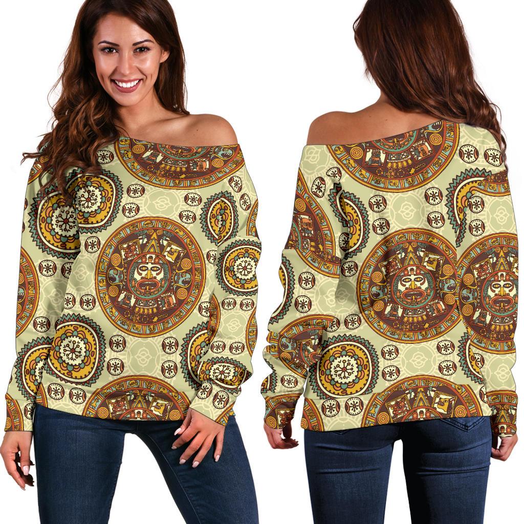 Calendar Aztec Themed Print Pattern Off Shoulder Sweatshirt