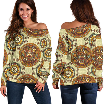 Calendar Aztec Themed Print Pattern Off Shoulder Sweatshirt