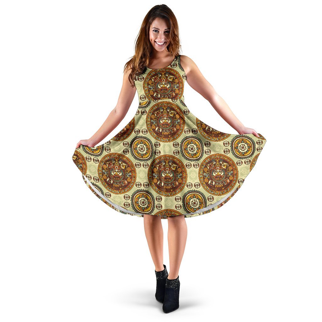 Calendar Aztec Themed Print Pattern Sleeveless Dress