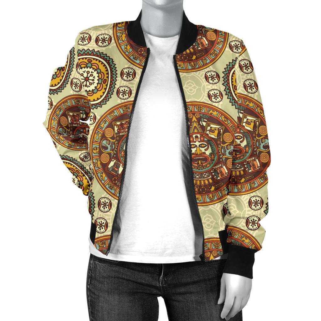 Calendar Aztec Themed Print Pattern Women Casual Bomber Jacket