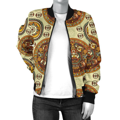 Calendar Aztec Themed Print Pattern Women Casual Bomber Jacket
