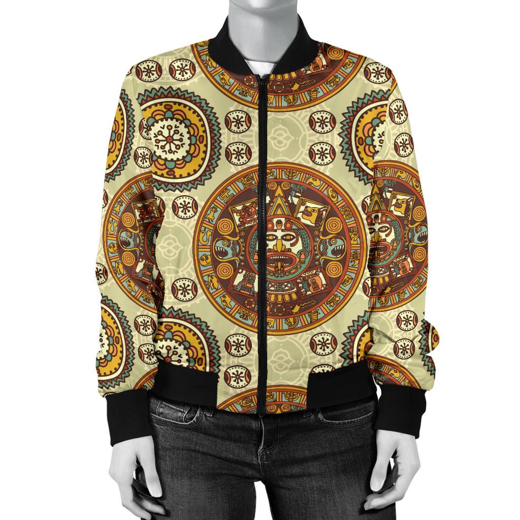 Calendar Aztec Themed Print Pattern Women Casual Bomber Jacket