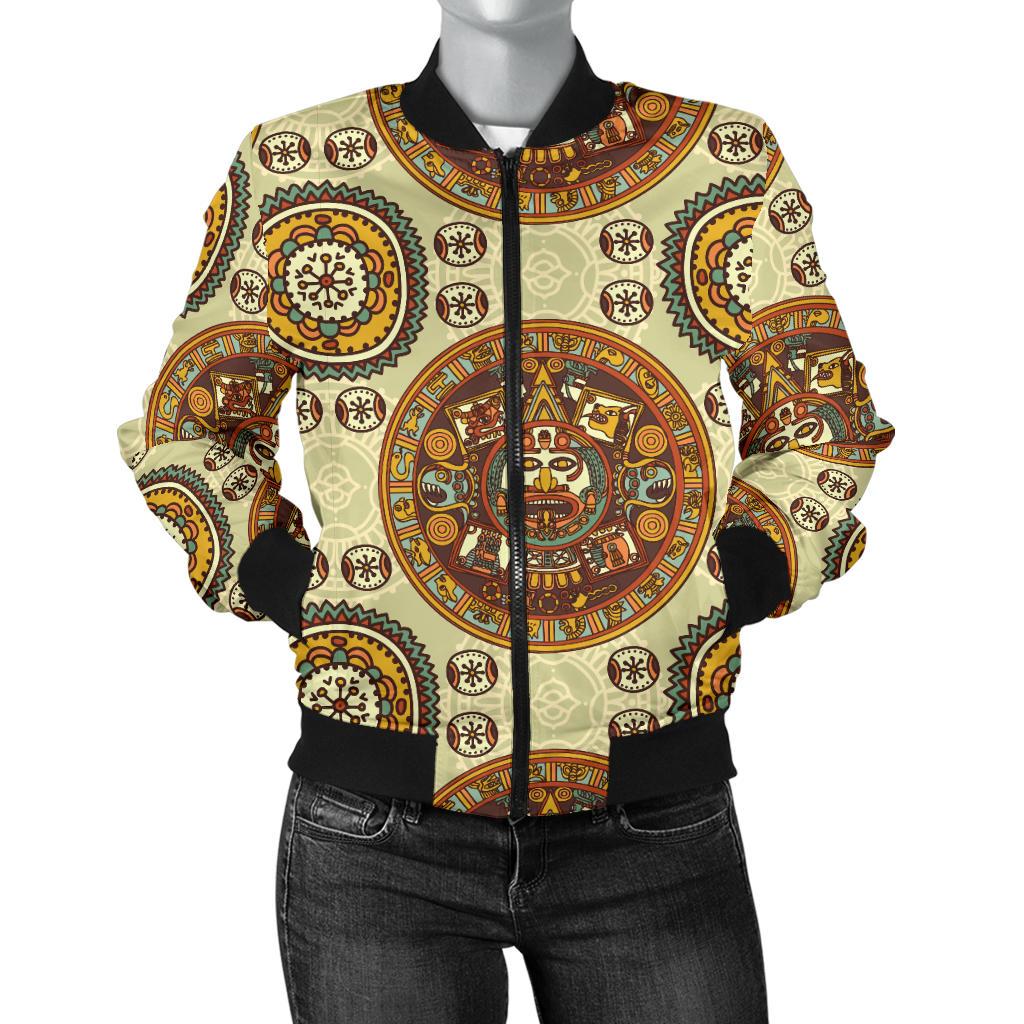 Calendar Aztec Themed Print Pattern Women Casual Bomber Jacket
