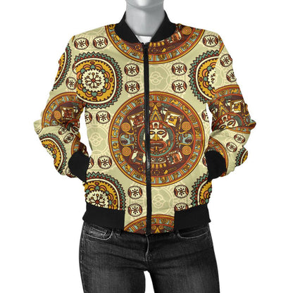 Calendar Aztec Themed Print Pattern Women Casual Bomber Jacket