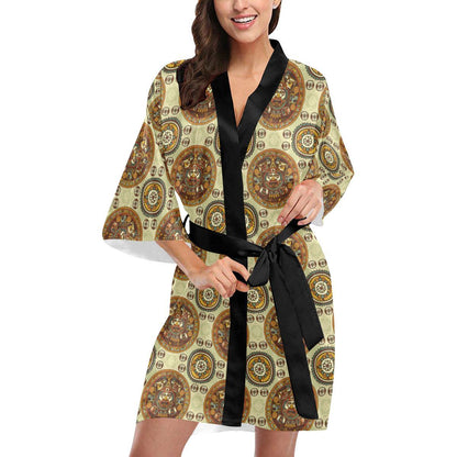 Calendar Aztec Themed Print Pattern Women Short Kimono Robe