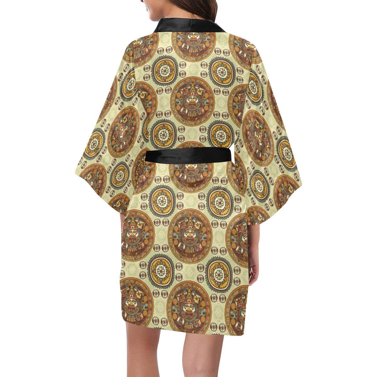 Calendar Aztec Themed Print Pattern Women Short Kimono Robe