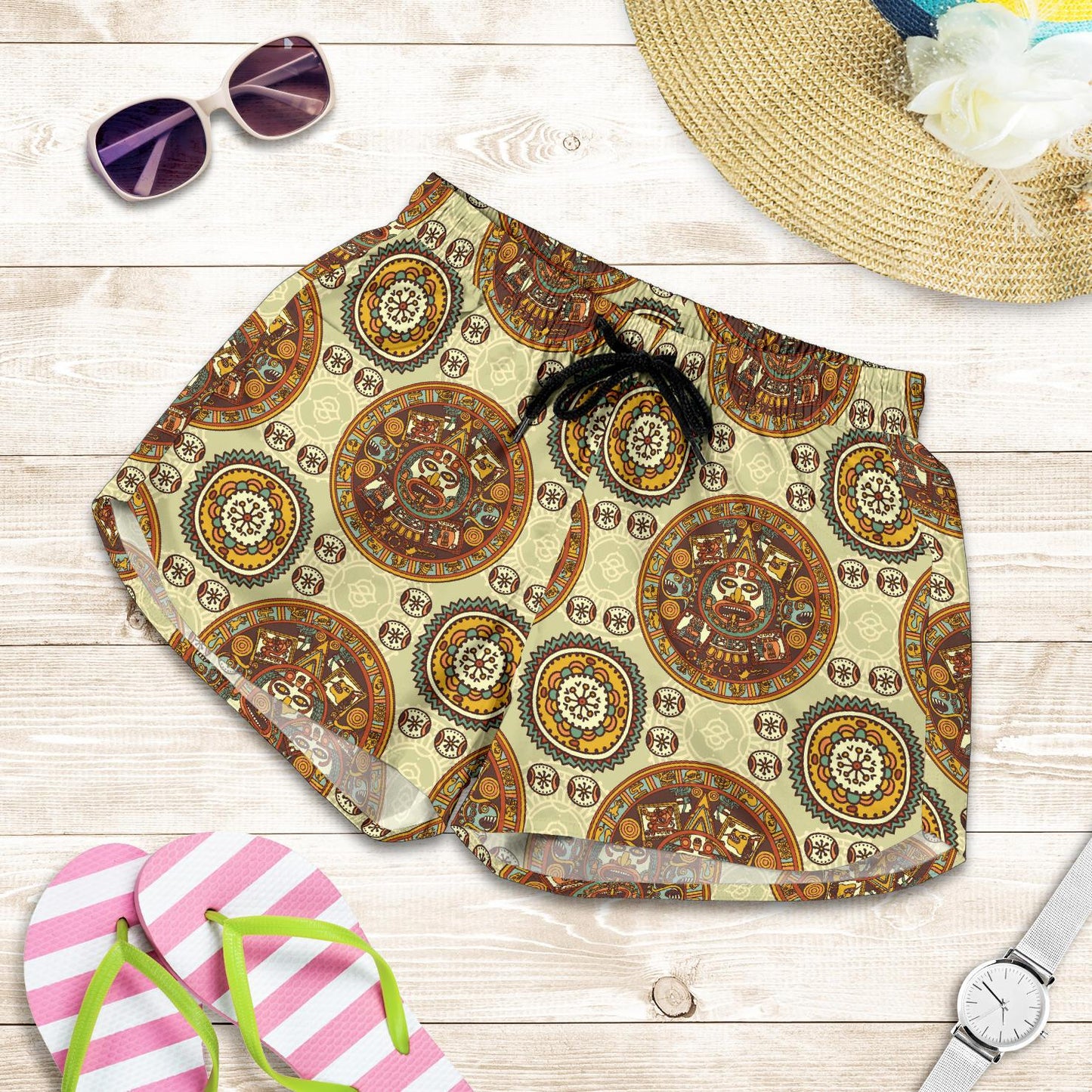 Calendar Aztec Themed Print Pattern Women Shorts-JTAMIGO.COM