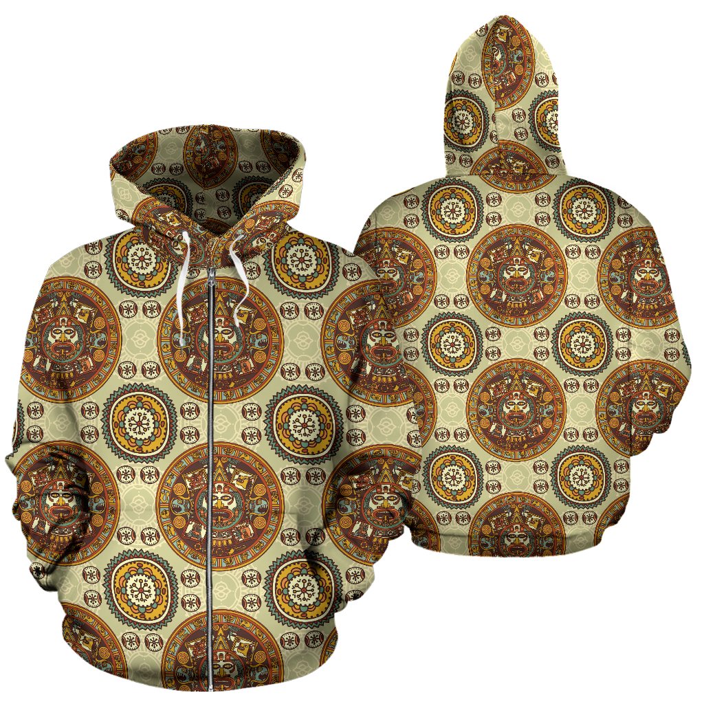 Calendar Aztec Themed Print Pattern Zip Up Hoodie