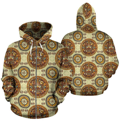 Calendar Aztec Themed Print Pattern Zip Up Hoodie