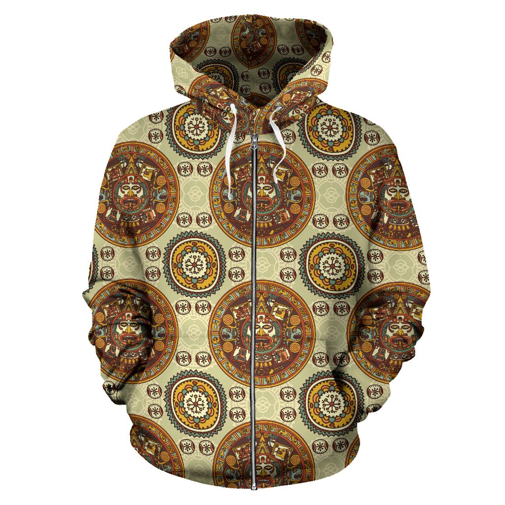 Calendar Aztec Themed Print Pattern Zip Up Hoodie
