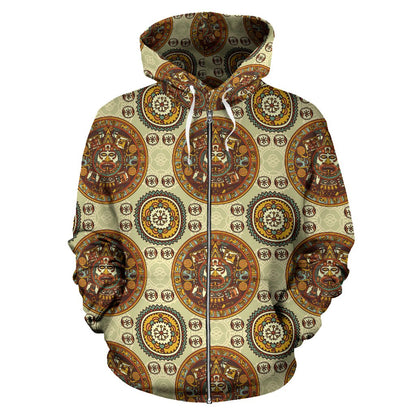 Calendar Aztec Themed Print Pattern Zip Up Hoodie