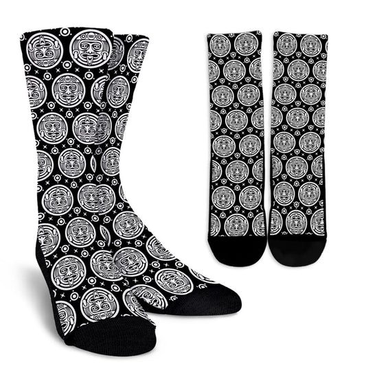 Calendar Aztec White Black Print Pattern Crew Socks