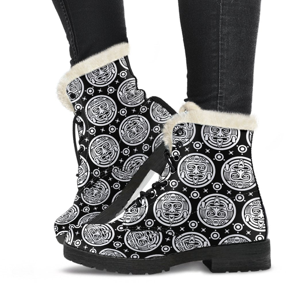 Calendar Aztec White Black Print Pattern Faux Fur Leather Boots-JTAMIGO.COM