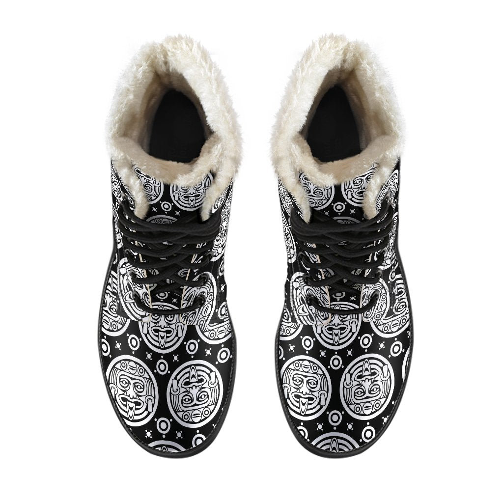 Calendar Aztec White Black Print Pattern Faux Fur Leather Boots-JTAMIGO.COM