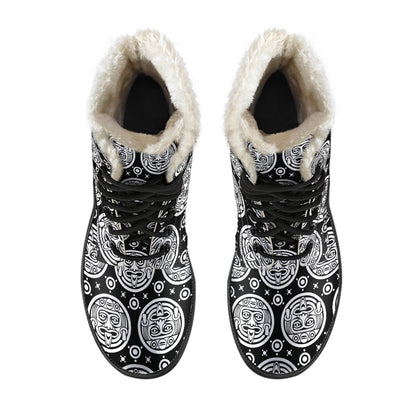 Calendar Aztec White Black Print Pattern Faux Fur Leather Boots-JTAMIGO.COM