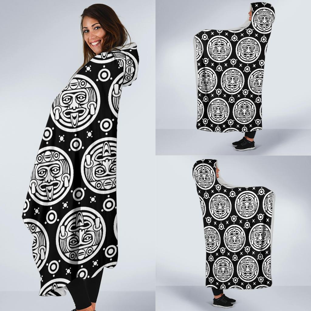 Calendar Aztec White Black Print Pattern Hooded Blanket-JTAMIGO.COM