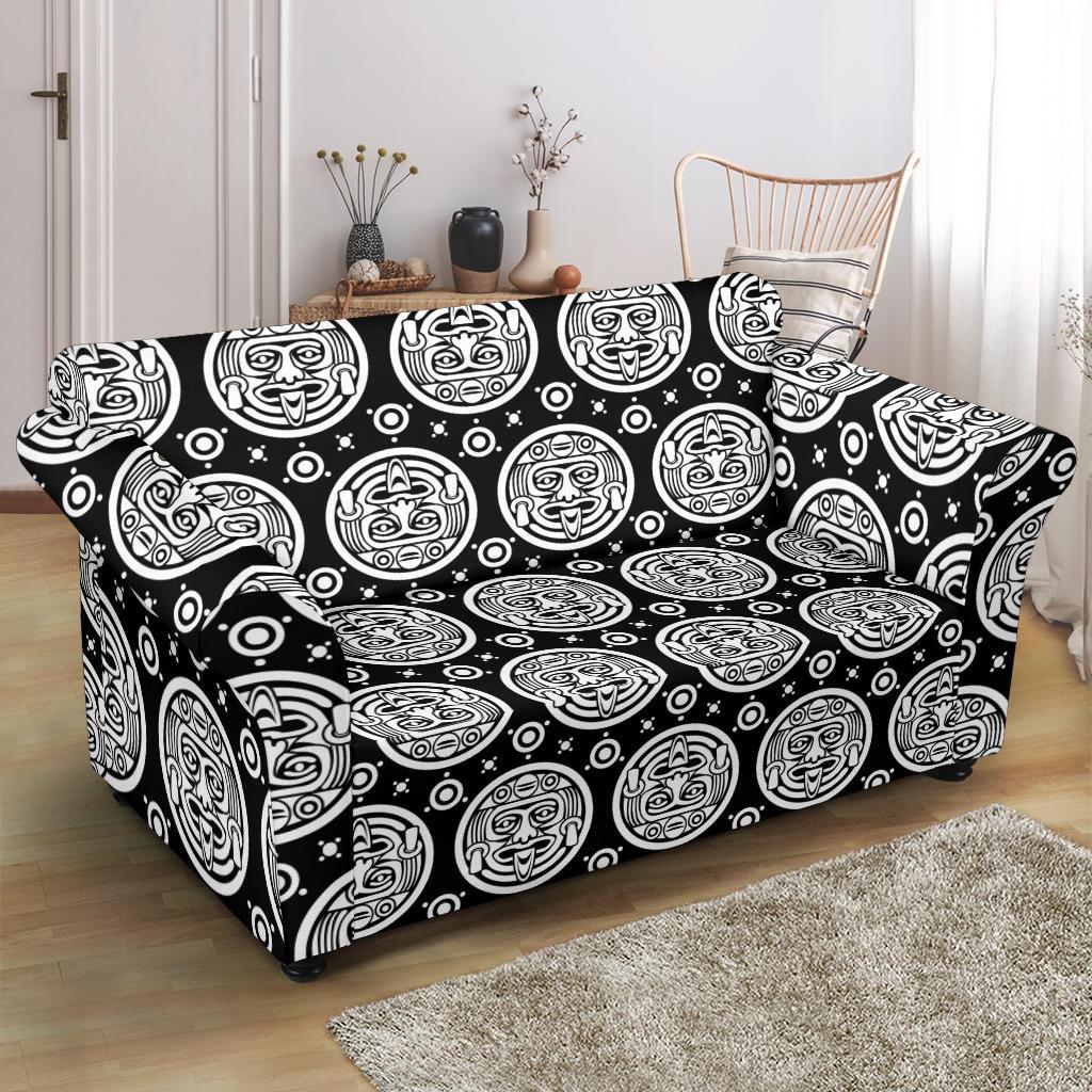 Calendar Aztec White Black Print Pattern Loveseat Slipcover-JTAMIGO.COM