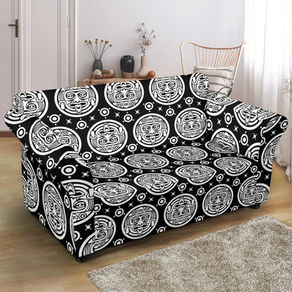 Calendar Aztec White Black Print Pattern Loveseat Slipcover-JTAMIGO.COM