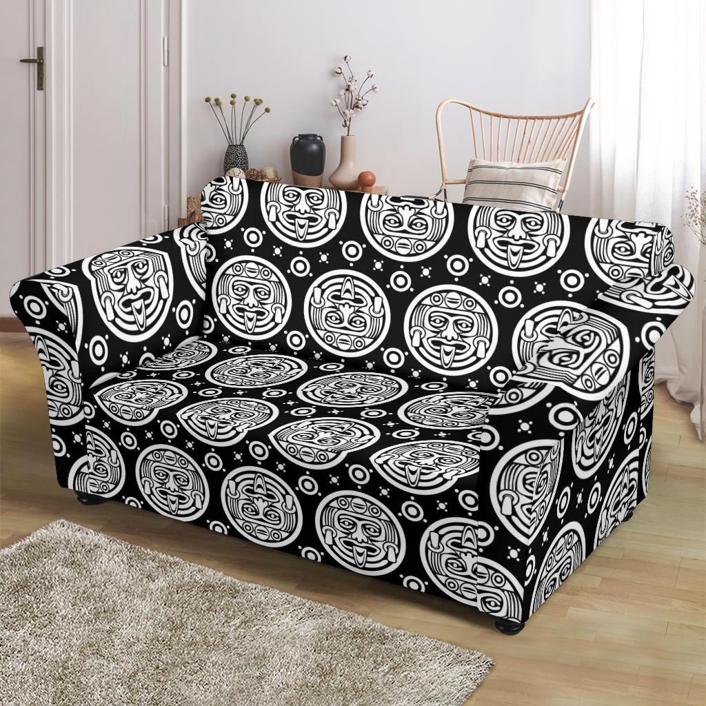 Calendar Aztec White Black Print Pattern Loveseat Slipcover-JTAMIGO.COM