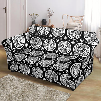Calendar Aztec White Black Print Pattern Loveseat Slipcover-JTAMIGO.COM