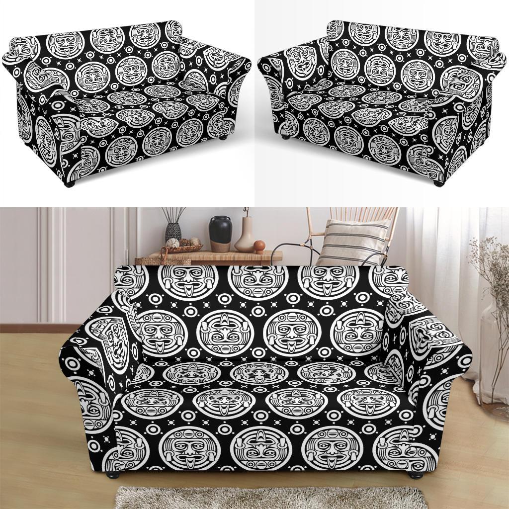 Calendar Aztec White Black Print Pattern Loveseat Slipcover-JTAMIGO.COM