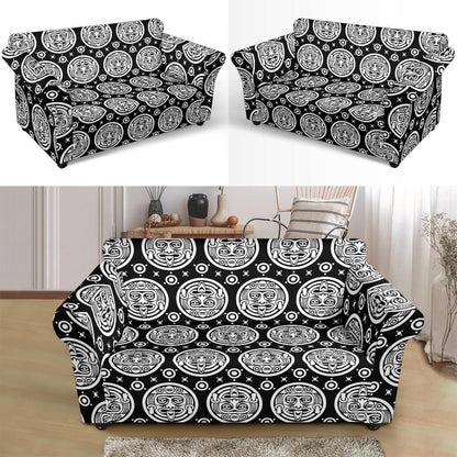 Calendar Aztec White Black Print Pattern Loveseat Slipcover-JTAMIGO.COM