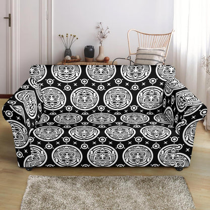 Calendar Aztec White Black Print Pattern Loveseat Slipcover-JTAMIGO.COM