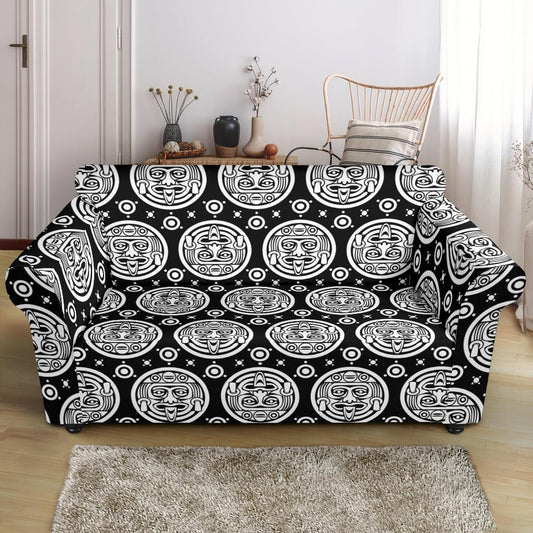Calendar Aztec White Black Print Pattern Loveseat Slipcover-JTAMIGO.COM