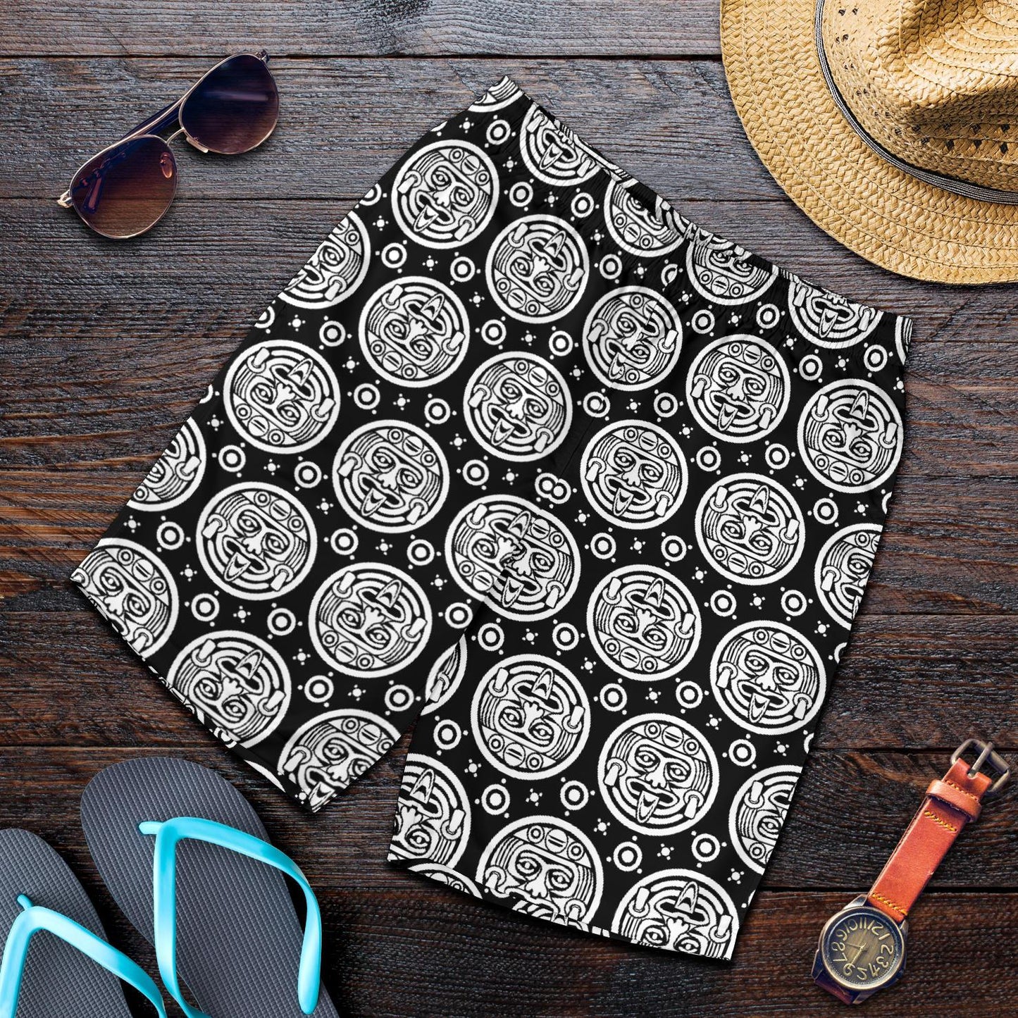 Calendar Aztec White Black Print Pattern Mens Shorts-JTAMIGO.COM