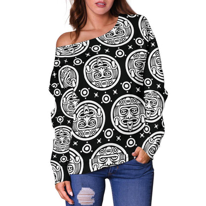 Calendar Aztec White Black Print Pattern Off Shoulder Sweatshirt