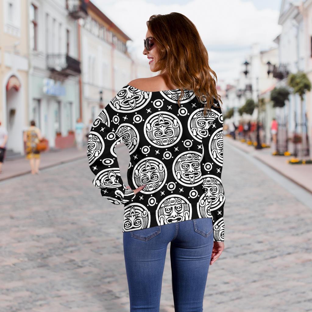 Calendar Aztec White Black Print Pattern Off Shoulder Sweatshirt