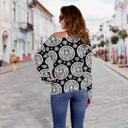Calendar Aztec White Black Print Pattern Off Shoulder Sweatshirt