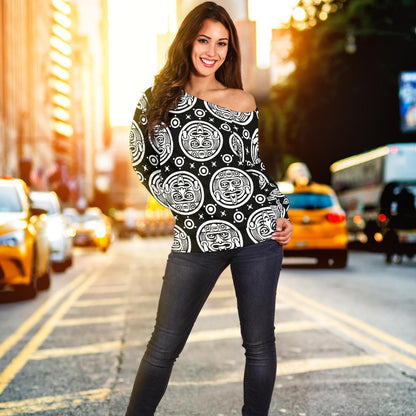 Calendar Aztec White Black Print Pattern Off Shoulder Sweatshirt