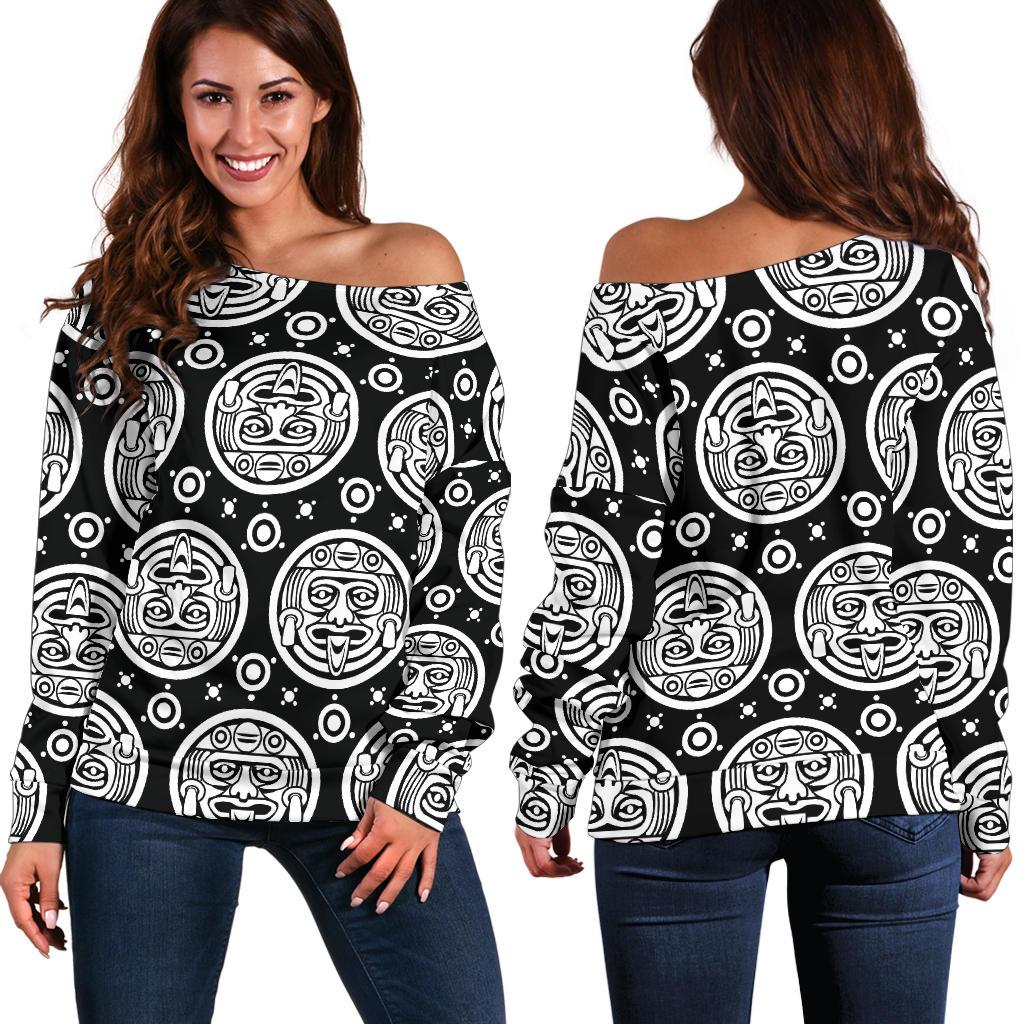 Calendar Aztec White Black Print Pattern Off Shoulder Sweatshirt