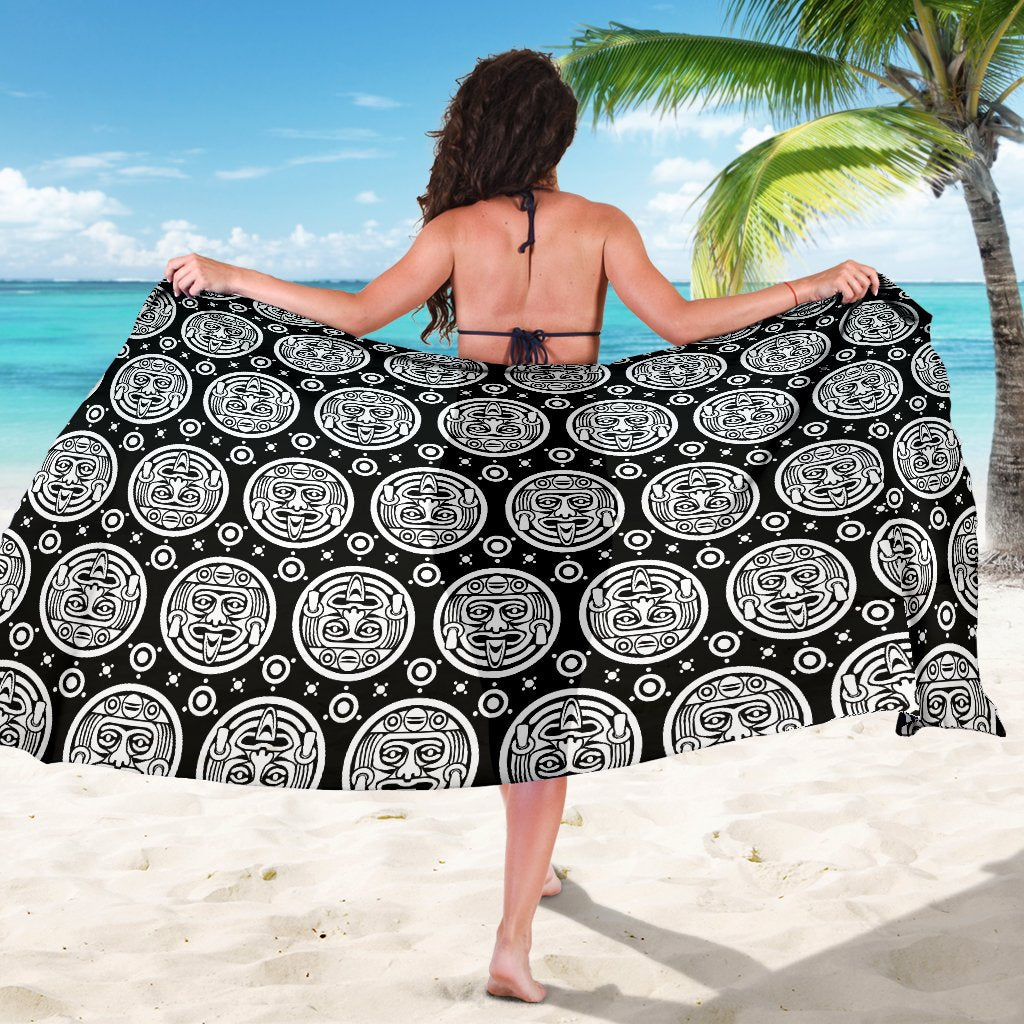 Calendar Aztec White Black Print Pattern Sarong Pareo Wrap