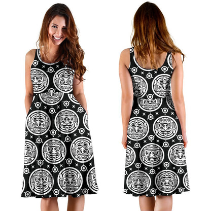 Calendar Aztec White Black Print Pattern Sleeveless Dress