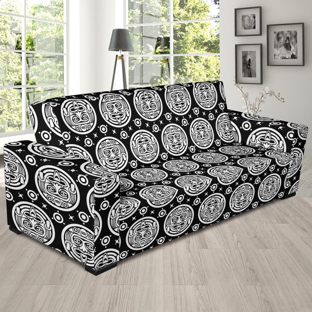 Calendar Aztec White Black Print Pattern Sofa Slipcover-JTAMIGO.COM
