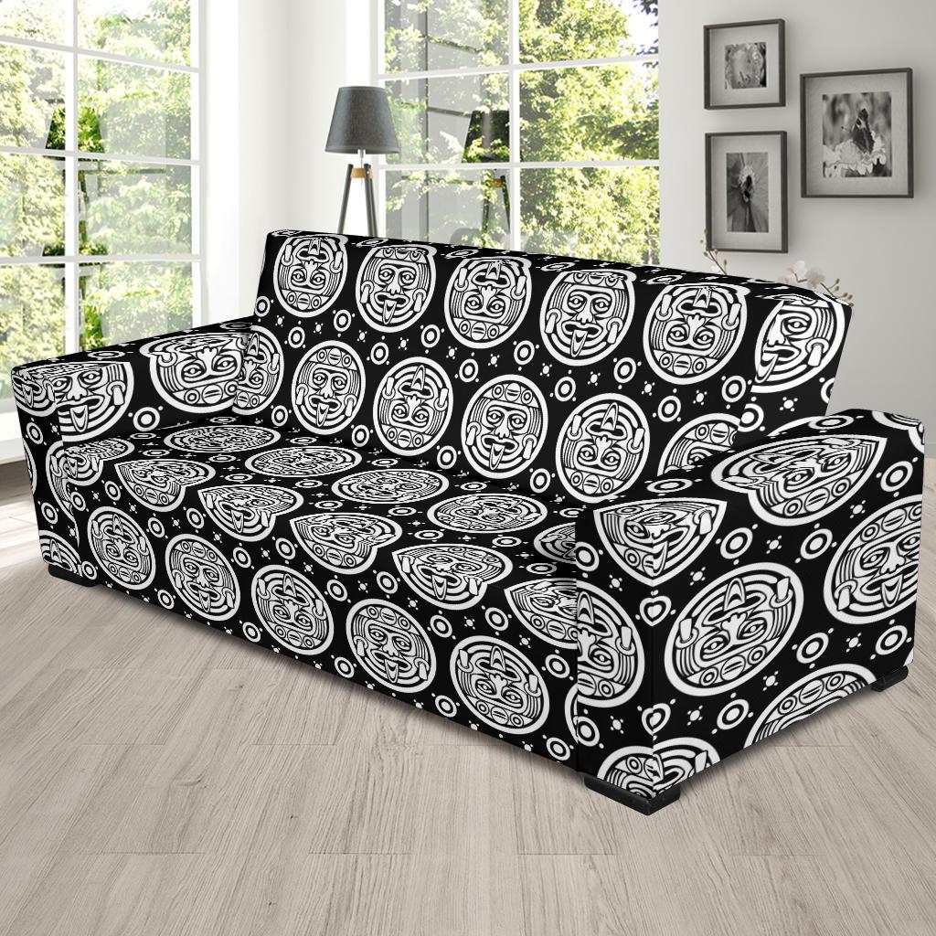 Calendar Aztec White Black Print Pattern Sofa Slipcover-JTAMIGO.COM