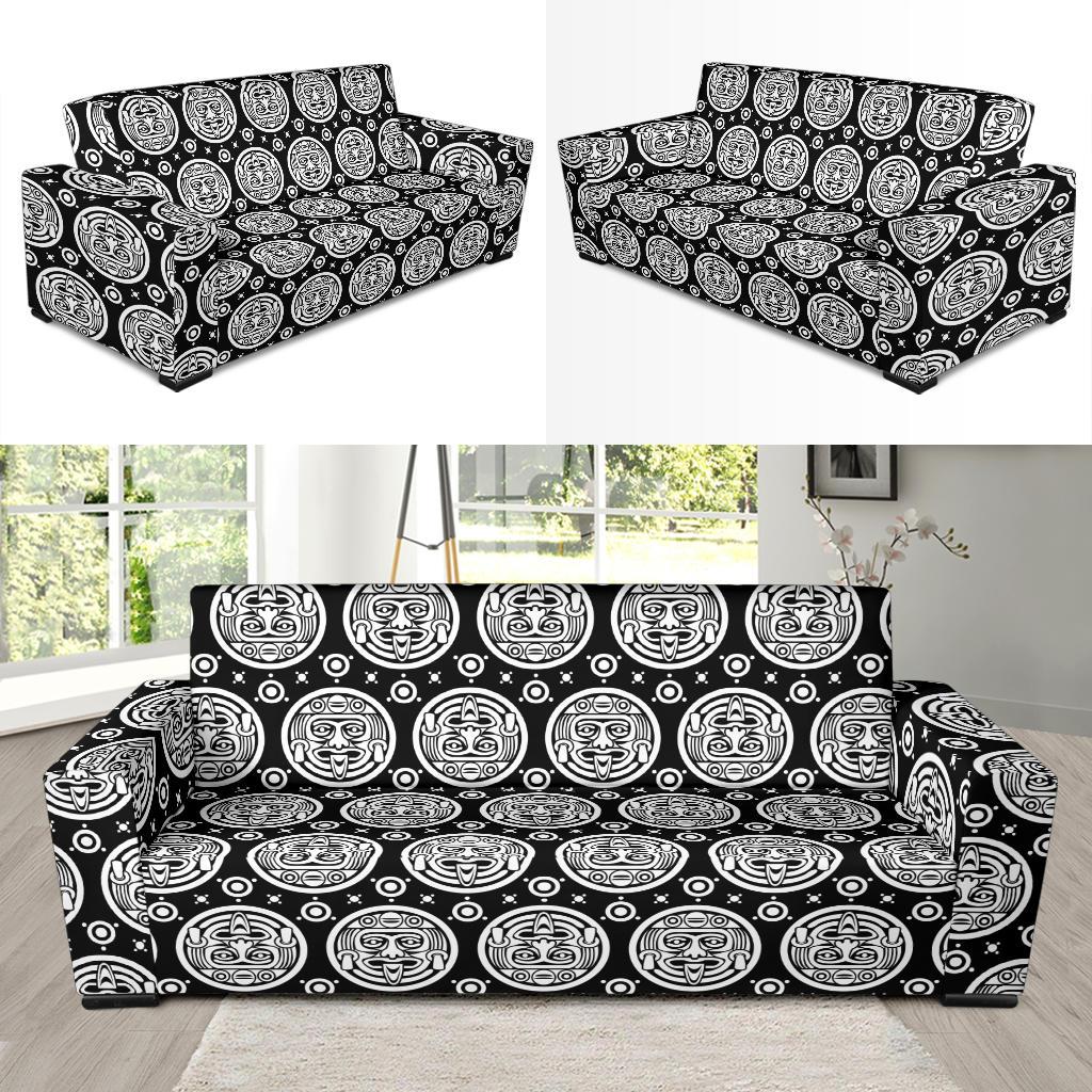 Calendar Aztec White Black Print Pattern Sofa Slipcover-JTAMIGO.COM